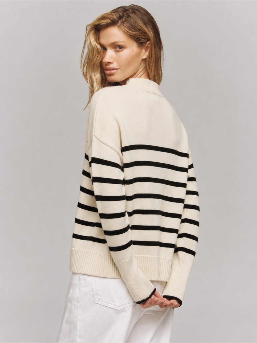 Philosophy Breton Striped Mock Crew Neck Sweater Ivory Black Soft Knit Cozycore - Picture 3 of 16